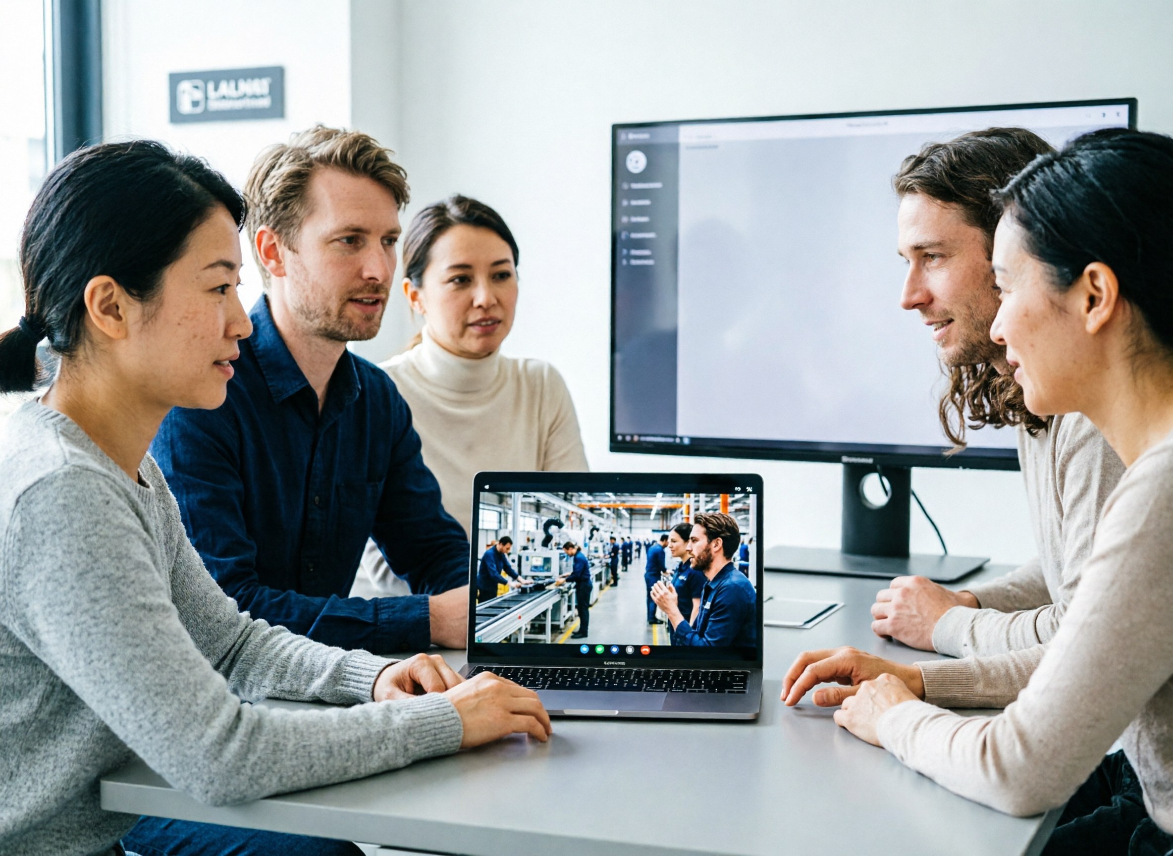 A laptop showing a live video call from a factory production floor