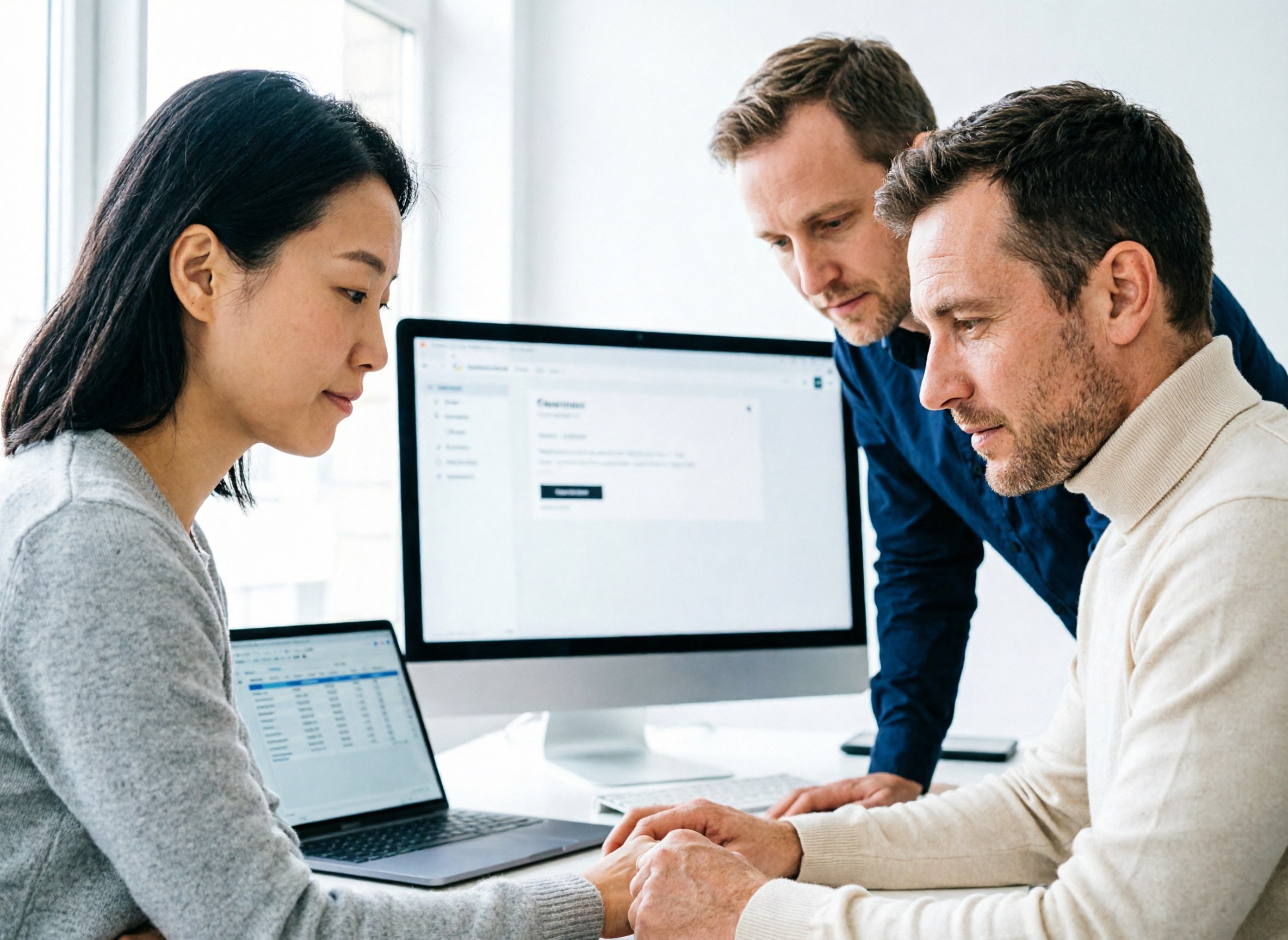 A person comparing supplier records across two screens