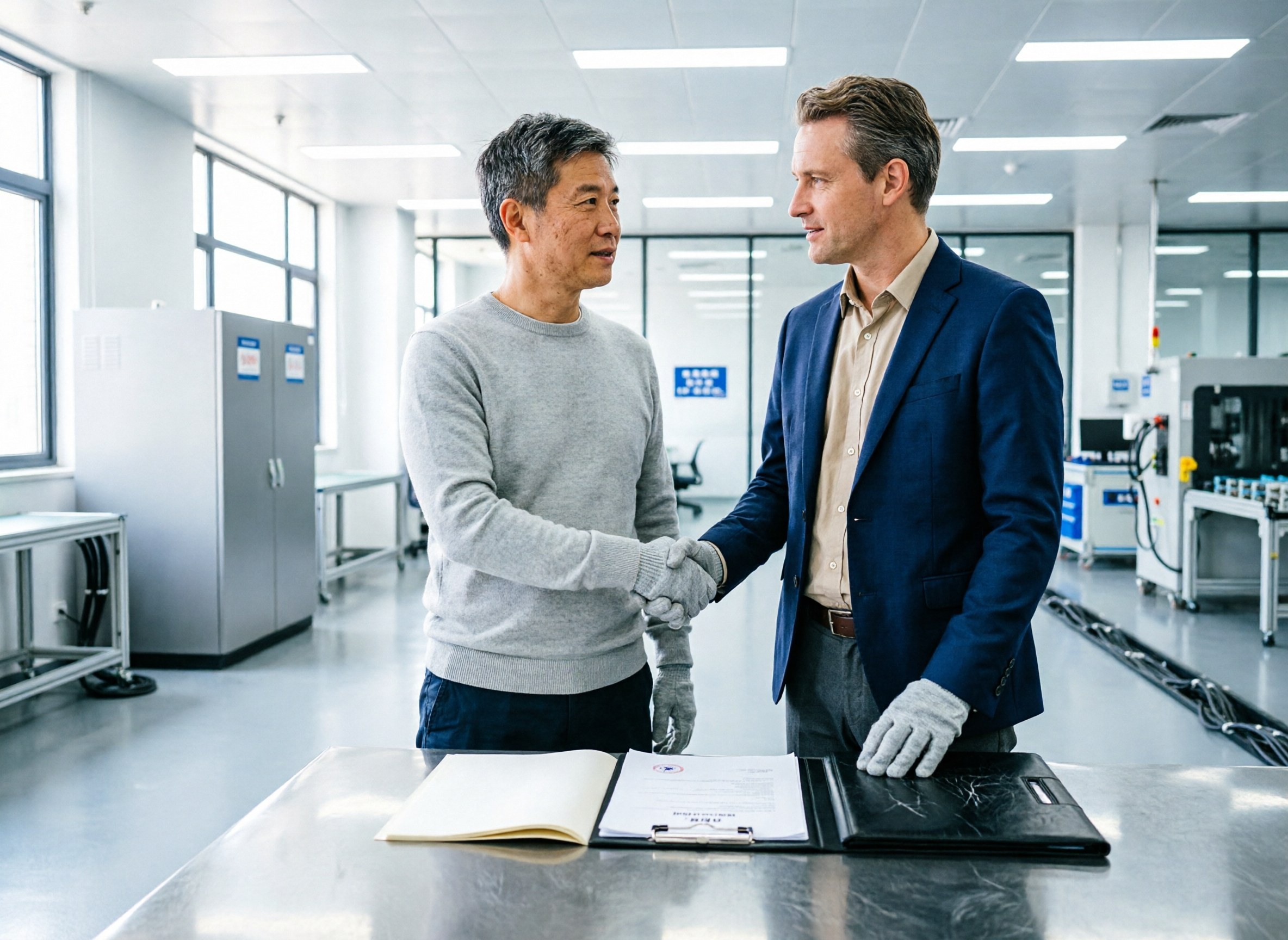 Two gloved hands shaking across a factory bench with a licence and clipboard