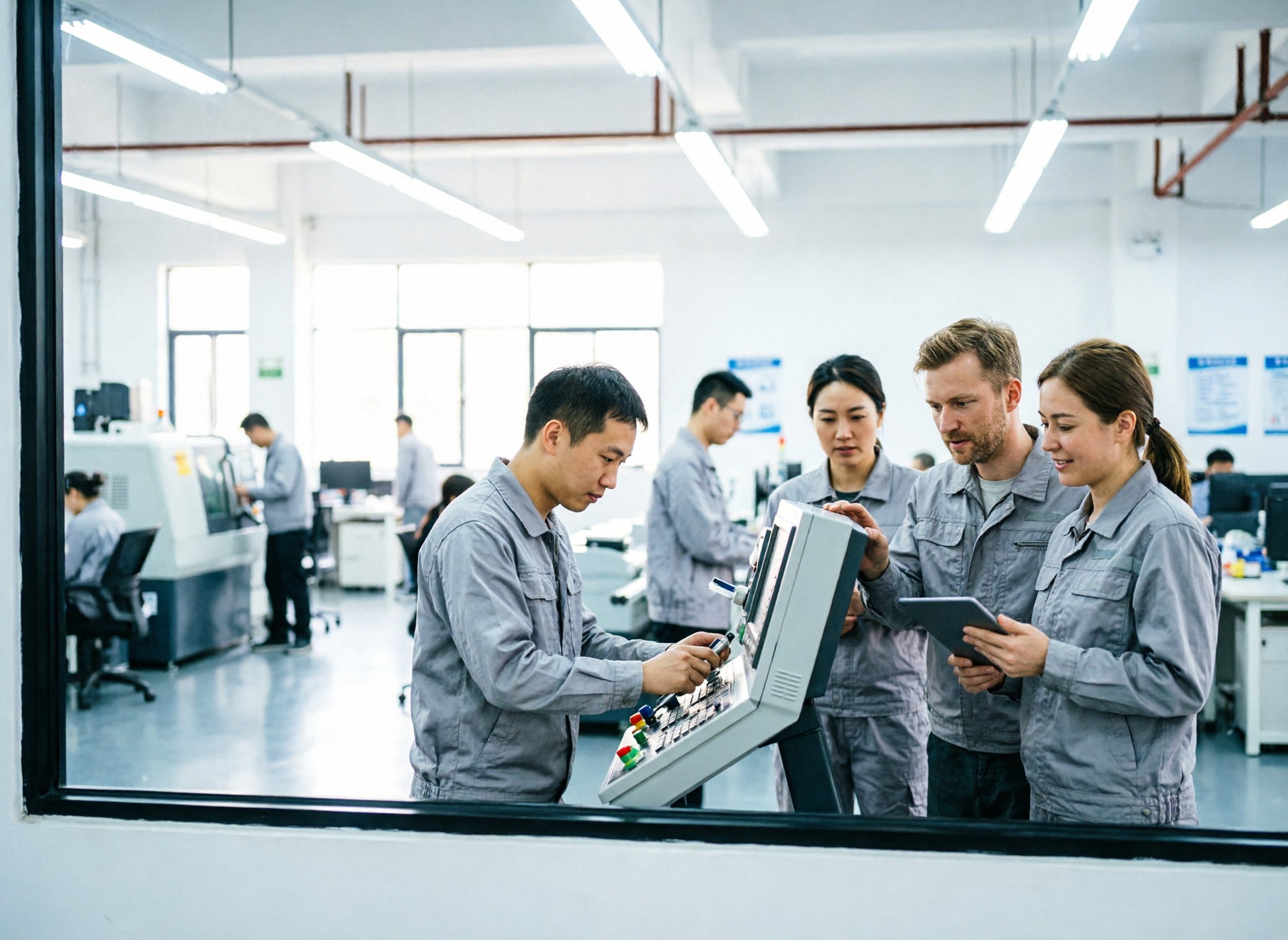 Small Chinese factory floor seen through a window with a worker at a machine