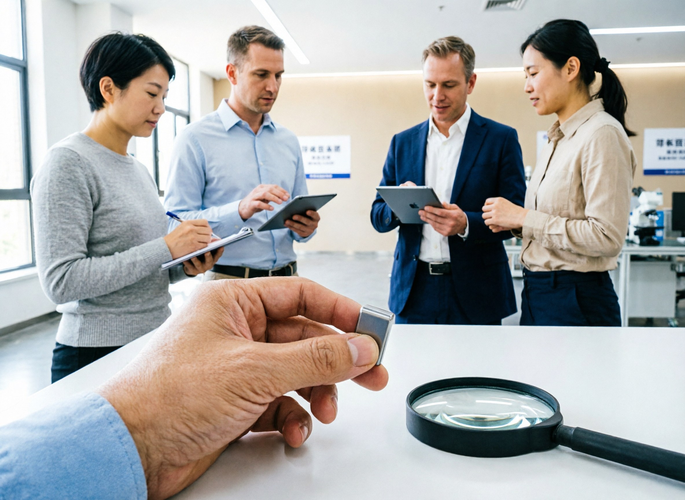 Hand turning over a tiny product sample next to a magnifying glass