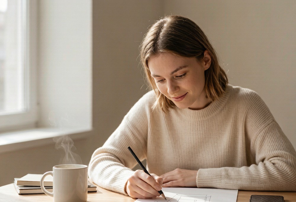 Founder sketching a product concept on paper at a sunlit desk