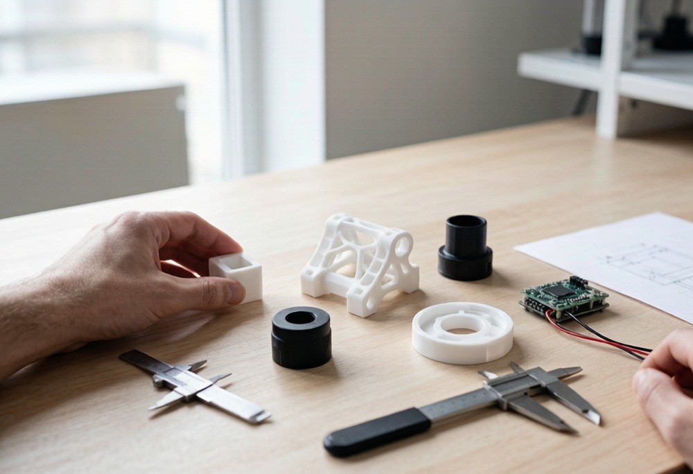 3D-printed prototype parts laid out on a workshop bench