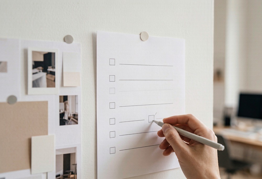 Printed stage-gate checklist pinned to a studio wall
