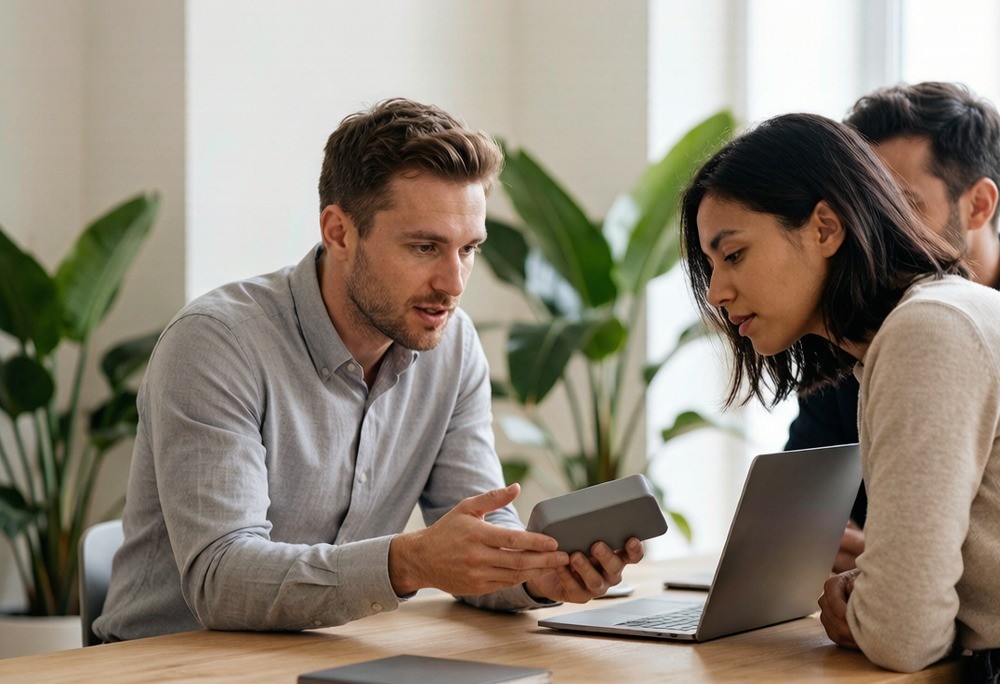 Entrepreneur demoing a product prototype to two users at a bright meeting table