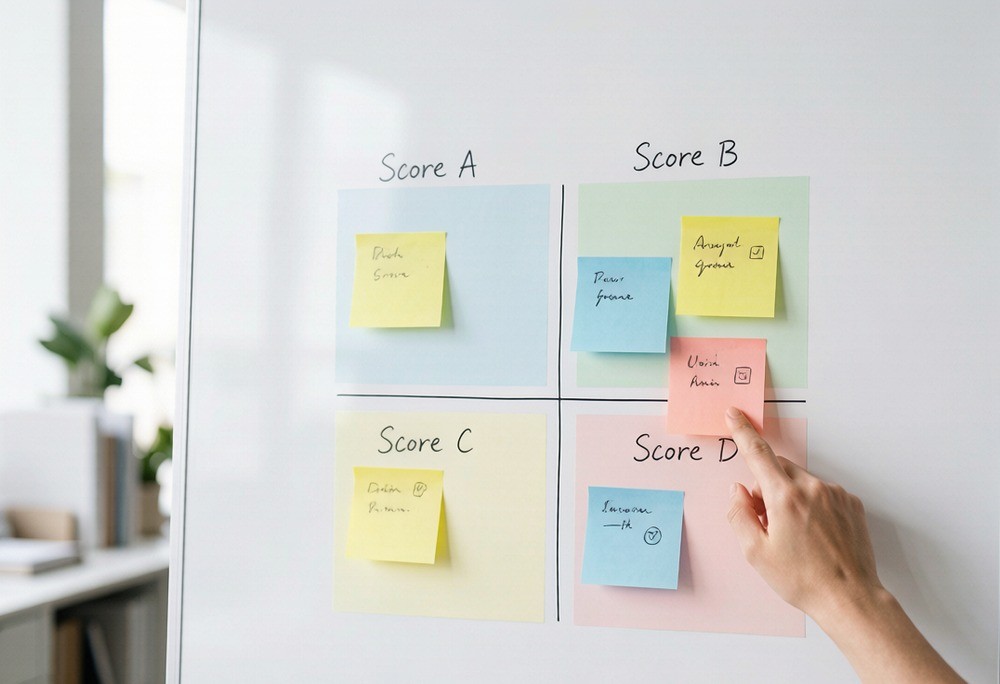 Whiteboard showing a four-filter validation scorecard with sticky notes