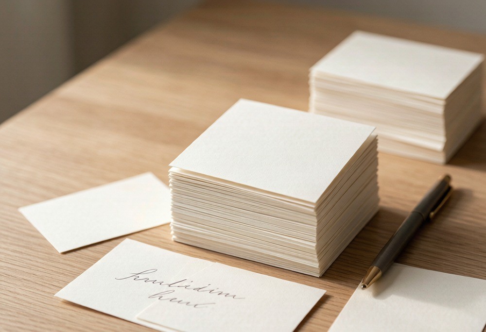 A stack of handwritten customer-feedback note cards on a desk
