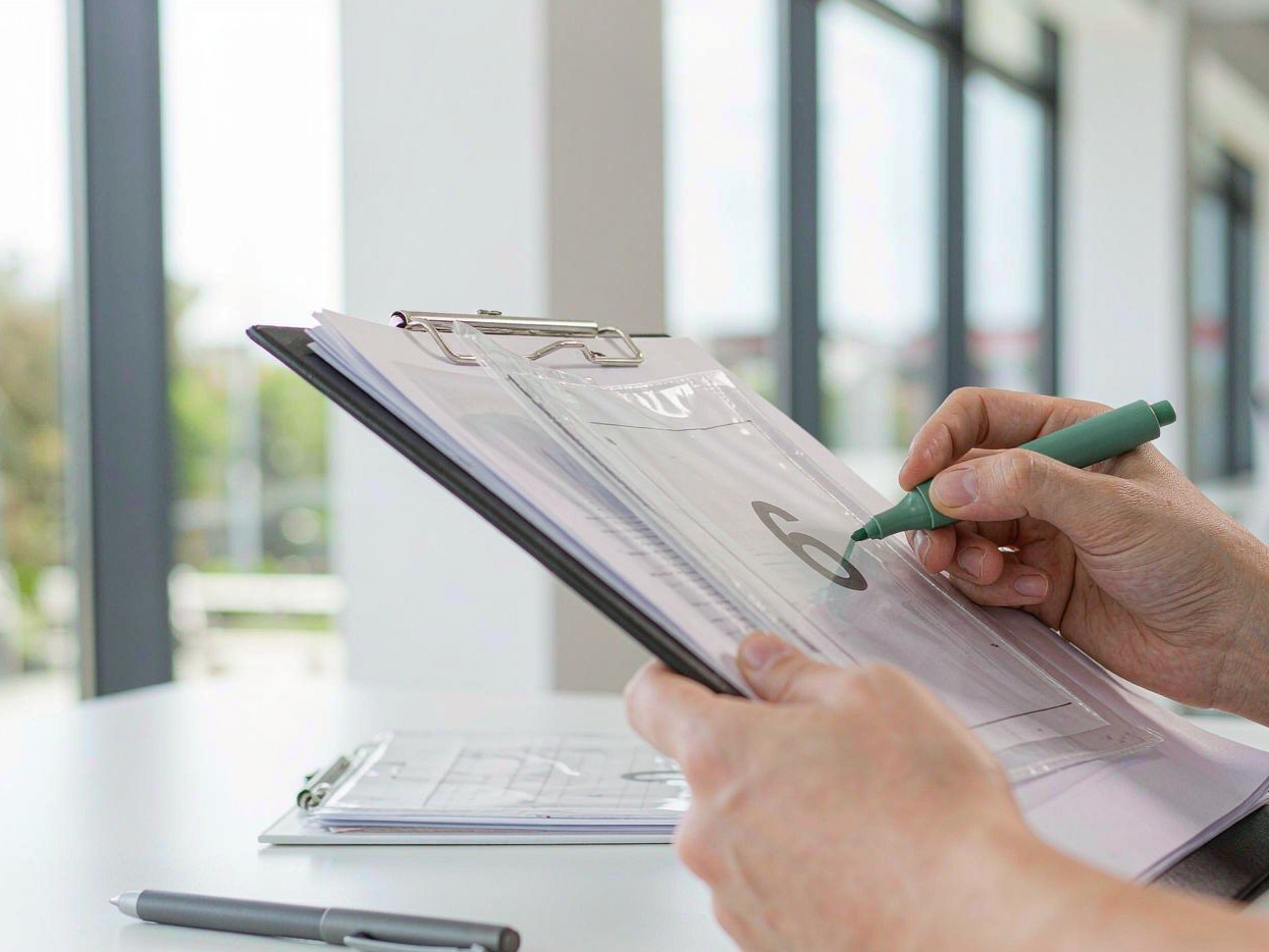 Compliance checklist marked with a green highlighter on a clipboard in a modern office