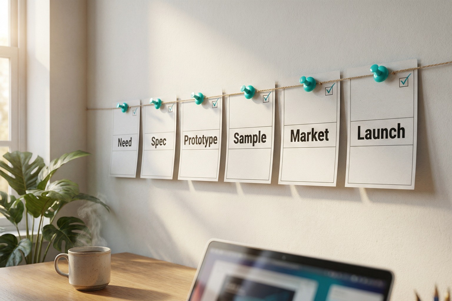 Printed stage-gate checklist pinned to a studio wall