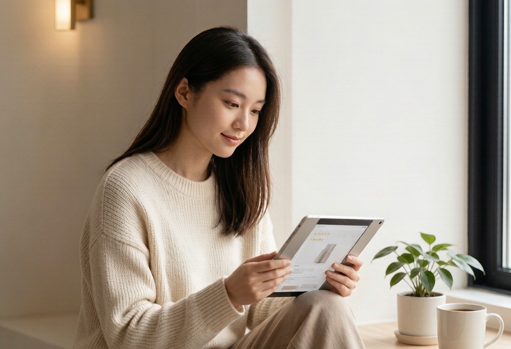 Person reading Amazon product reviews on a tablet by a window
