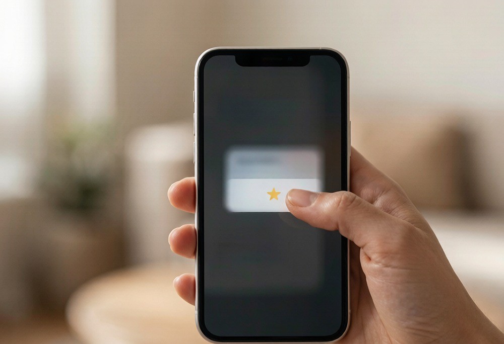 Hand pointing at a one-star review on a phone screen
