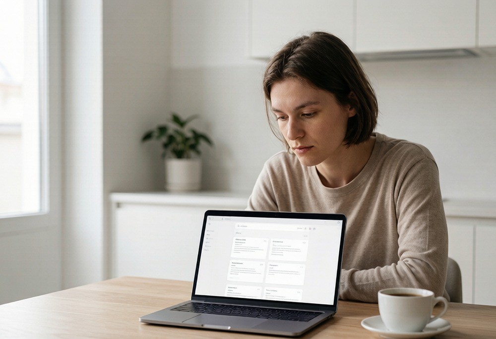 Person browsing a Reddit forum on a laptop with a coffee
