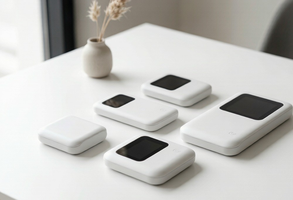 A small batch of identical product units laid out on a bright table