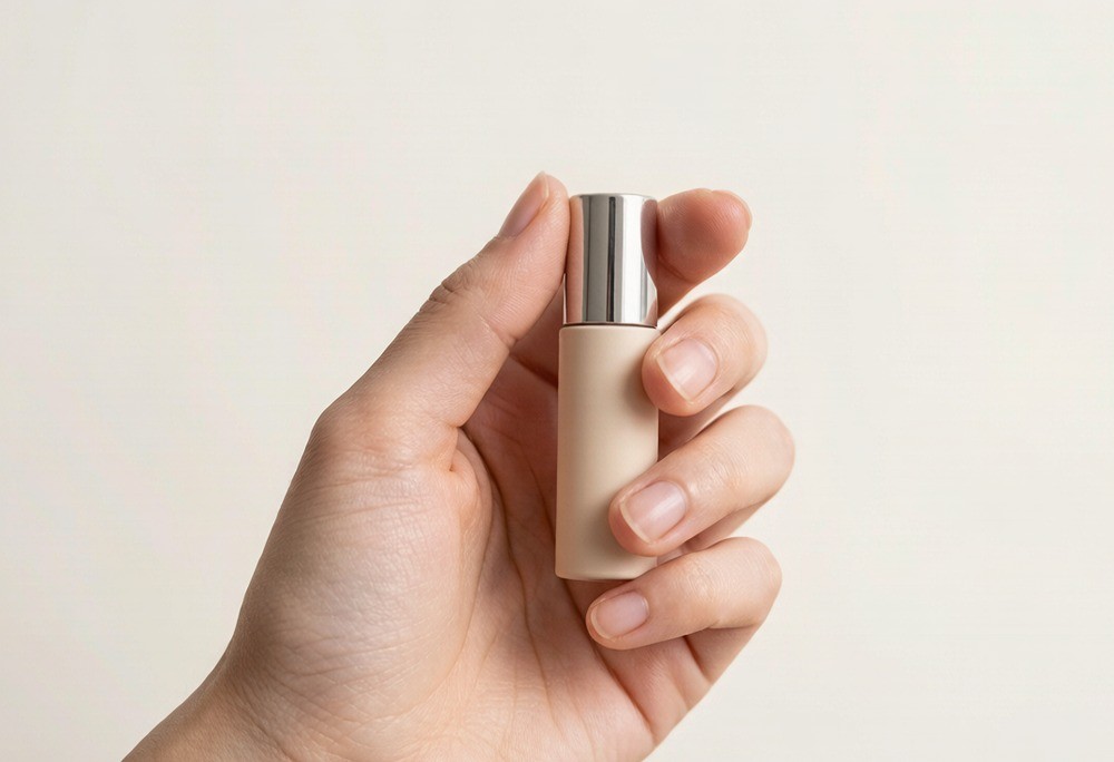 A single product sample held in a hand against a plain background