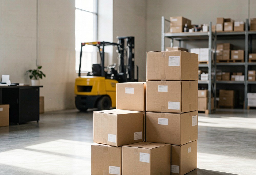 Several cartons of small-batch inventory in a sunlit workspace