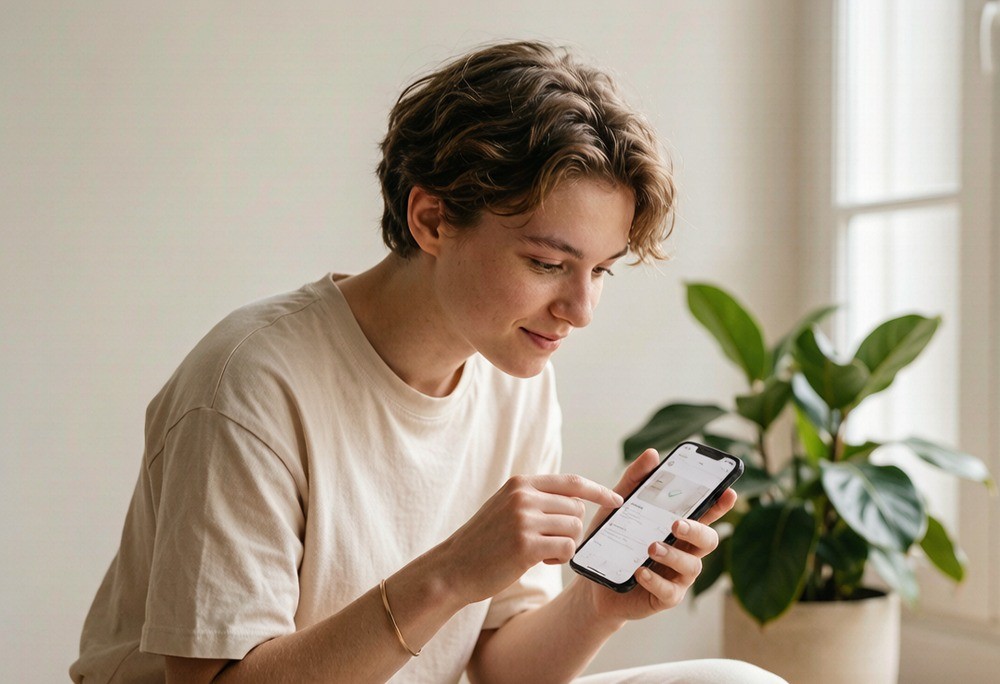 Person scrolling a winning product on a smartphone by a window