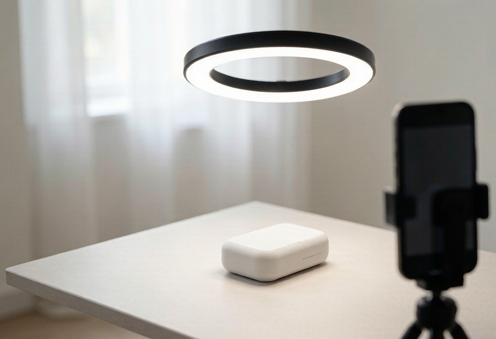 A small product on a table under a ring light, set up for a video shoot