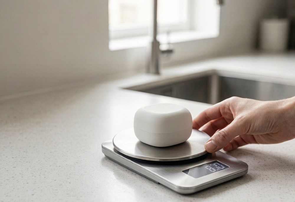 A lightweight product being weighed on a kitchen scale
