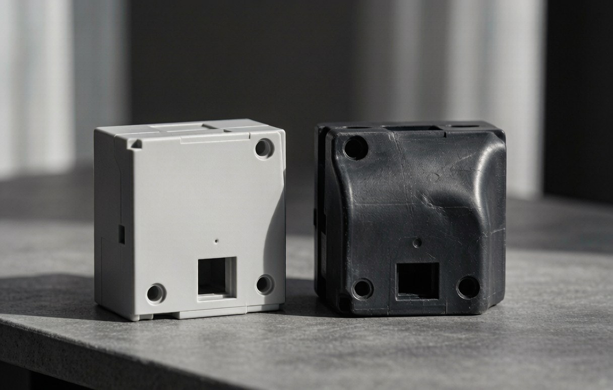 Two nearly identical mouldings compared side by side under raking light on a QC bench.