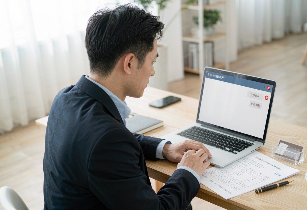 An importer reviewing supplier messages in a bright home office before releasing a deposit.