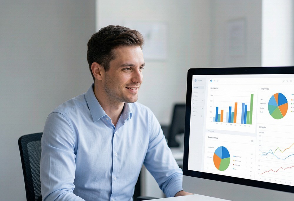 Analyst looking at an analytics dashboard on a computer monitor in a bright office