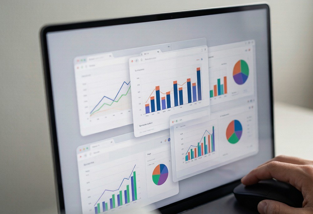 Multiple browser windows of trend dashboards on a screen