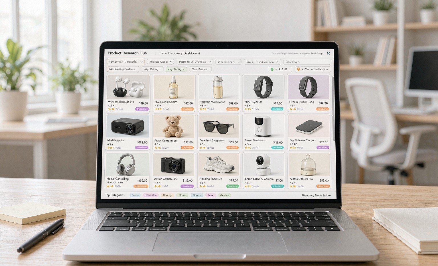 Laptop displaying a trend discovery dashboard with a grid of diverse winning products