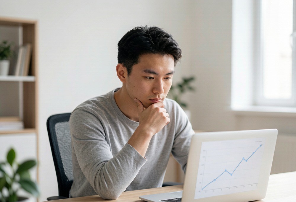 Buyer studying a rising Google Trends demand curve on a laptop