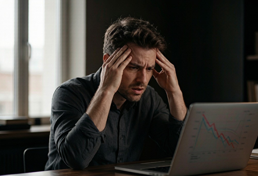 Founder frowning at a crashed trend chart on screen