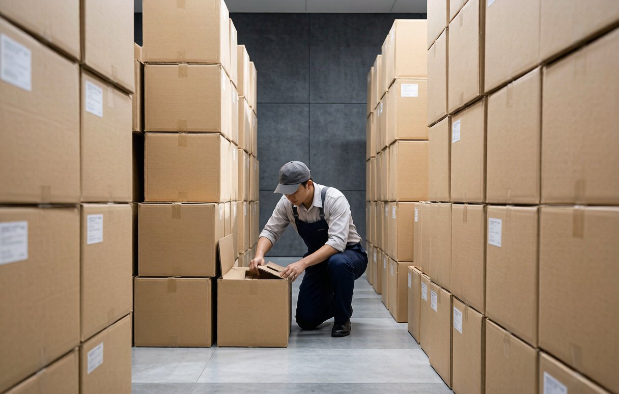 An inspector opening cartons from the lower layers of a stacked pallet rather than the top.