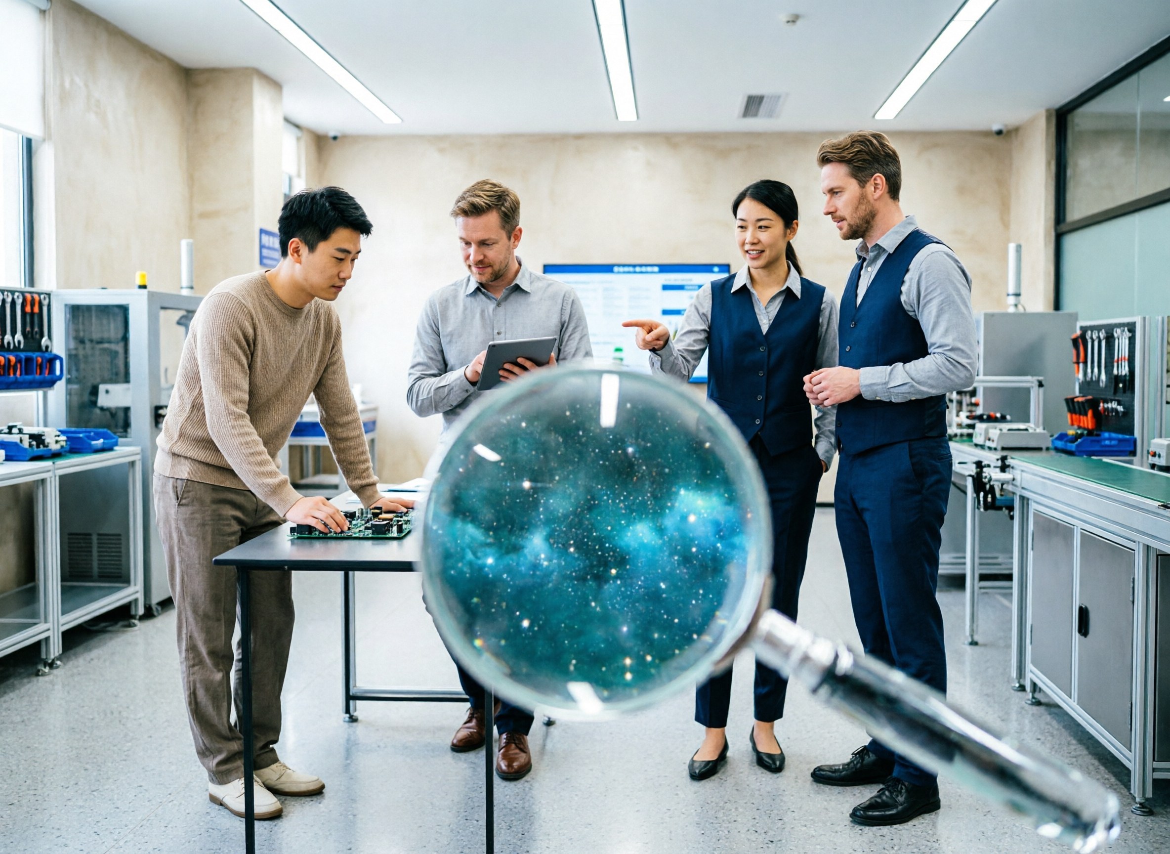 Translucent magnifying glass floating over a faint cluster of stars in dark teal space