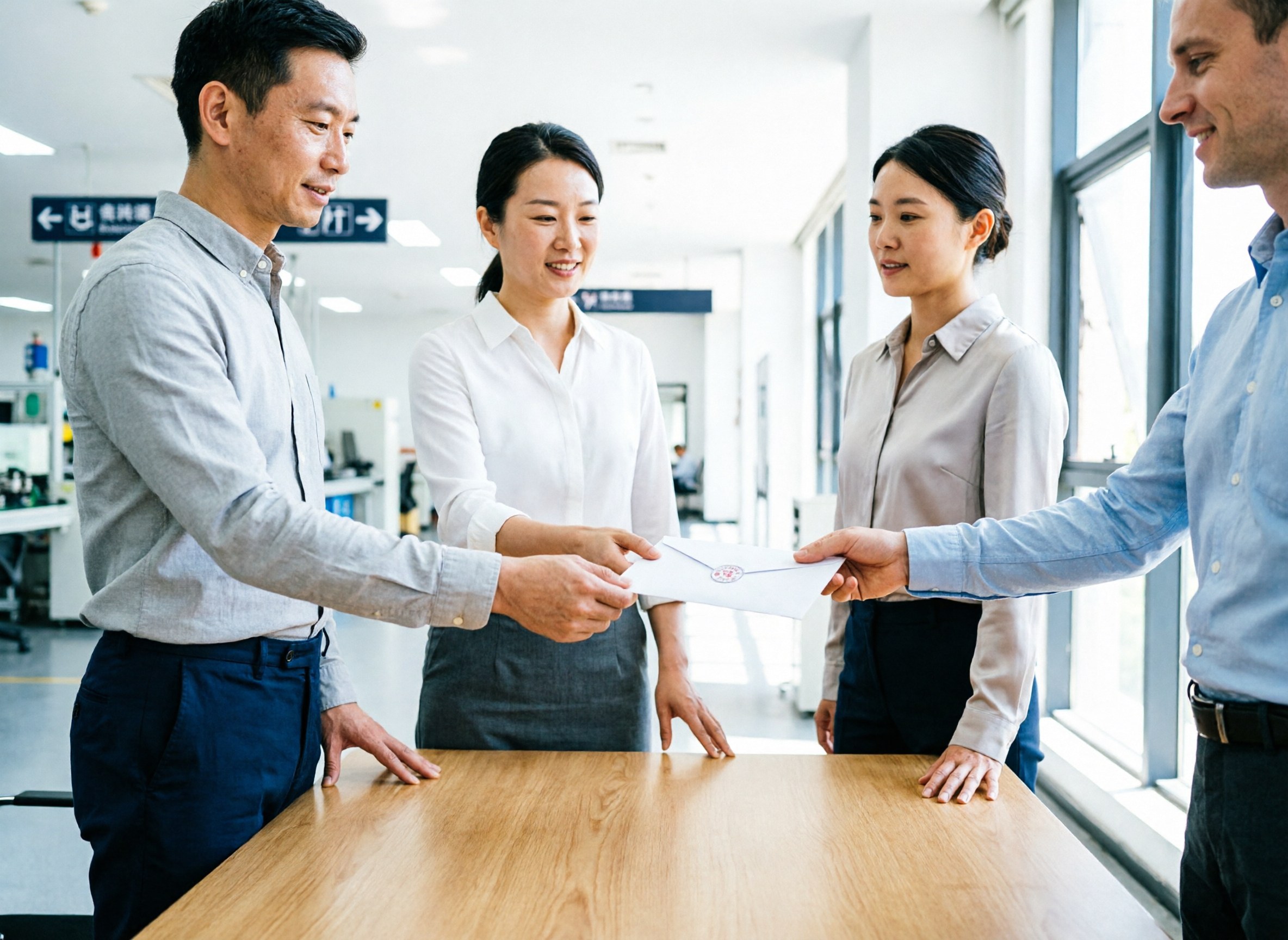 Two hands exchanging a stamped envelope on a polished desk