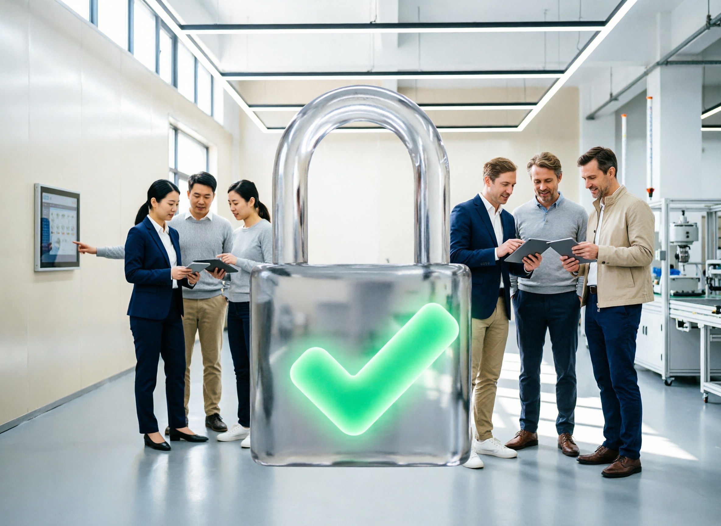 Translucent padlock with a glowing green tick hovering in dark teal space
