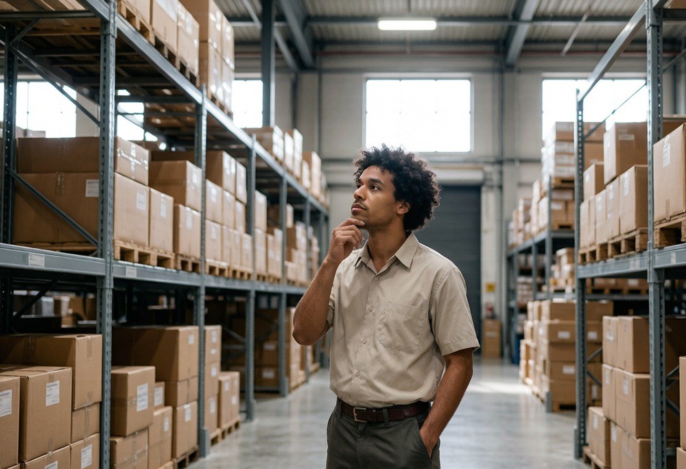 Warehouse shelf stacked with unsold trending-product boxes