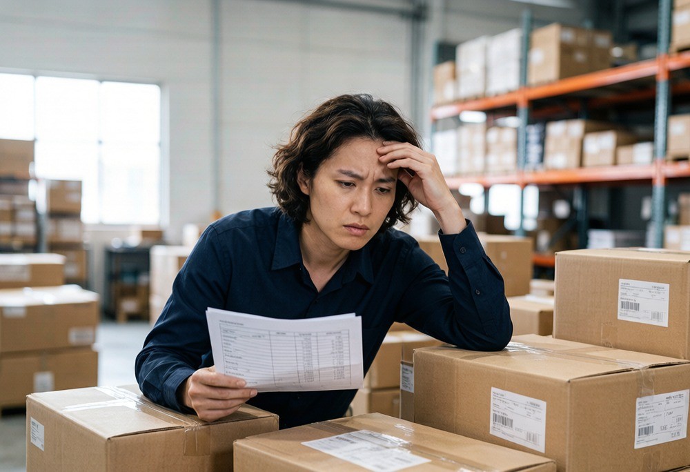 Importer reviewing a failed order sheet under warehouse light