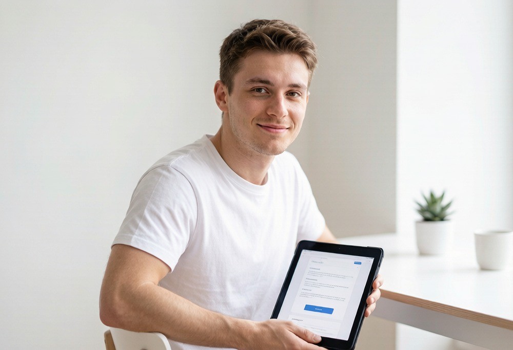 Founder looking at a simple pre-sale landing page on a laptop