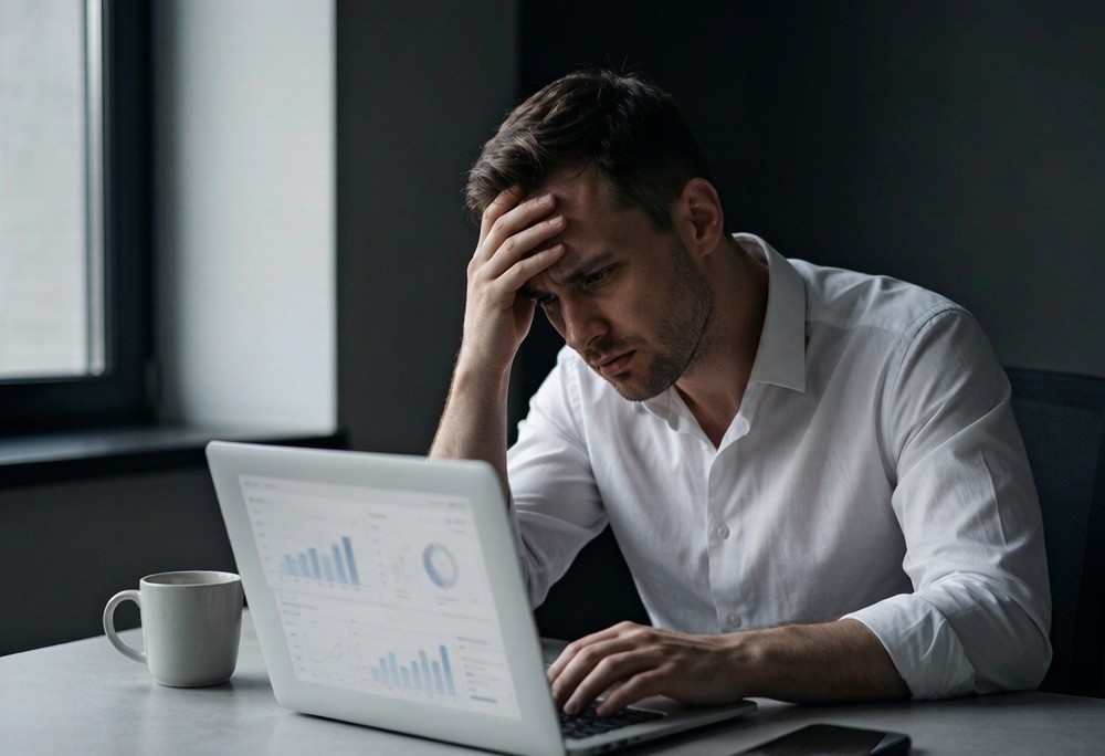 Entrepreneur frustrated by an empty analytics dashboard on launch day
