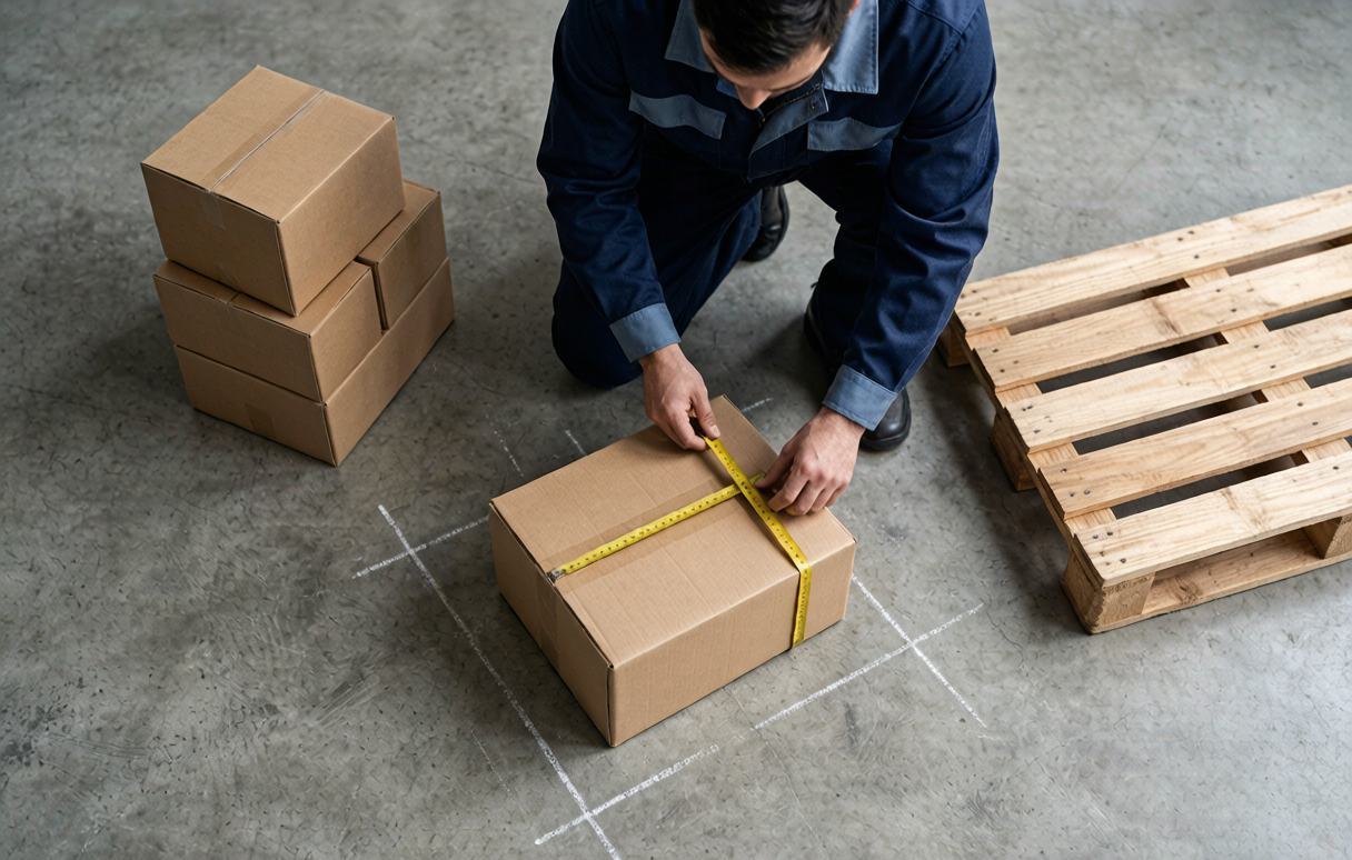 Re-measuring a carton at intake, because declared volume and actual volume rarely match.