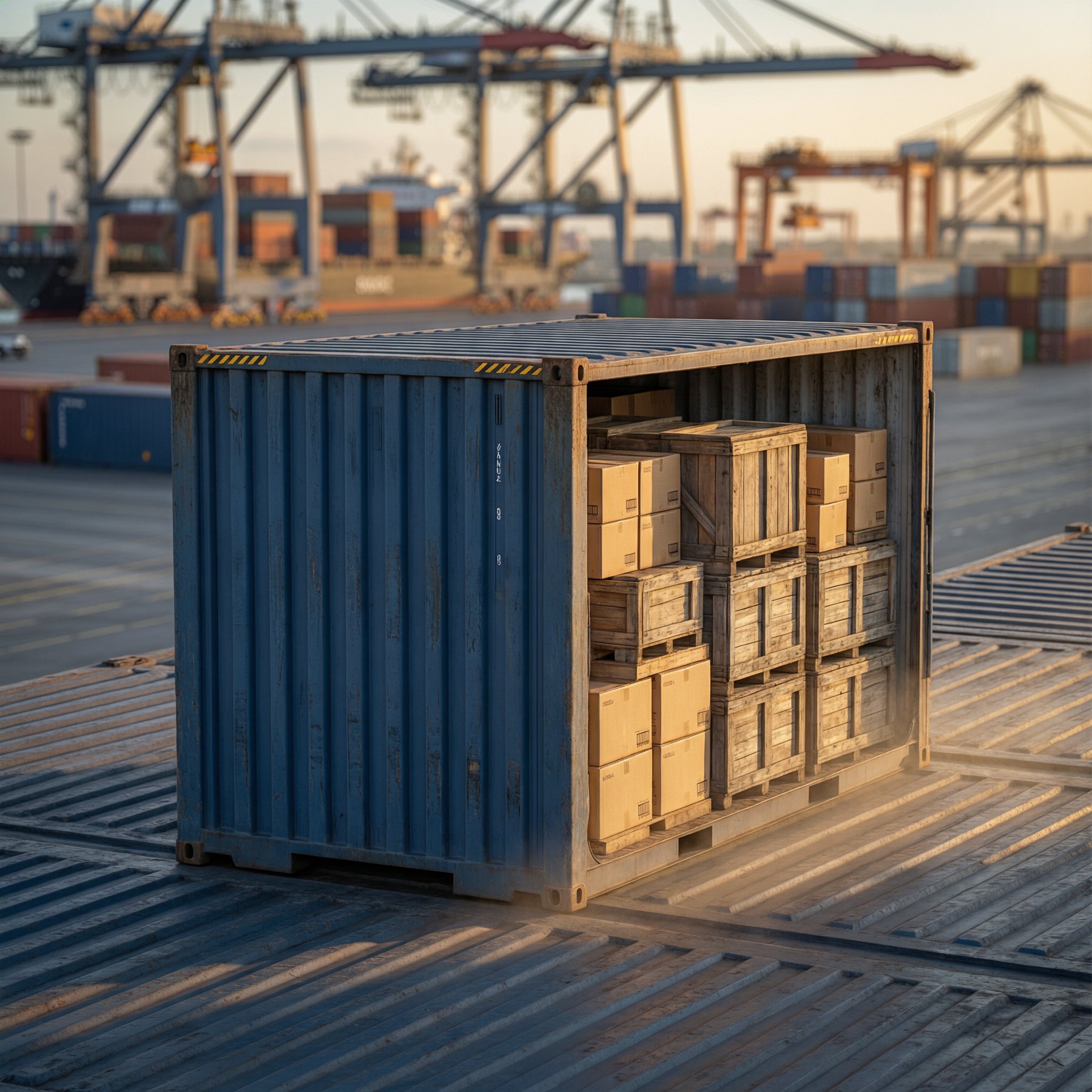 A twenty-foot container loaded to roughly two-thirds height at the end of a working day.