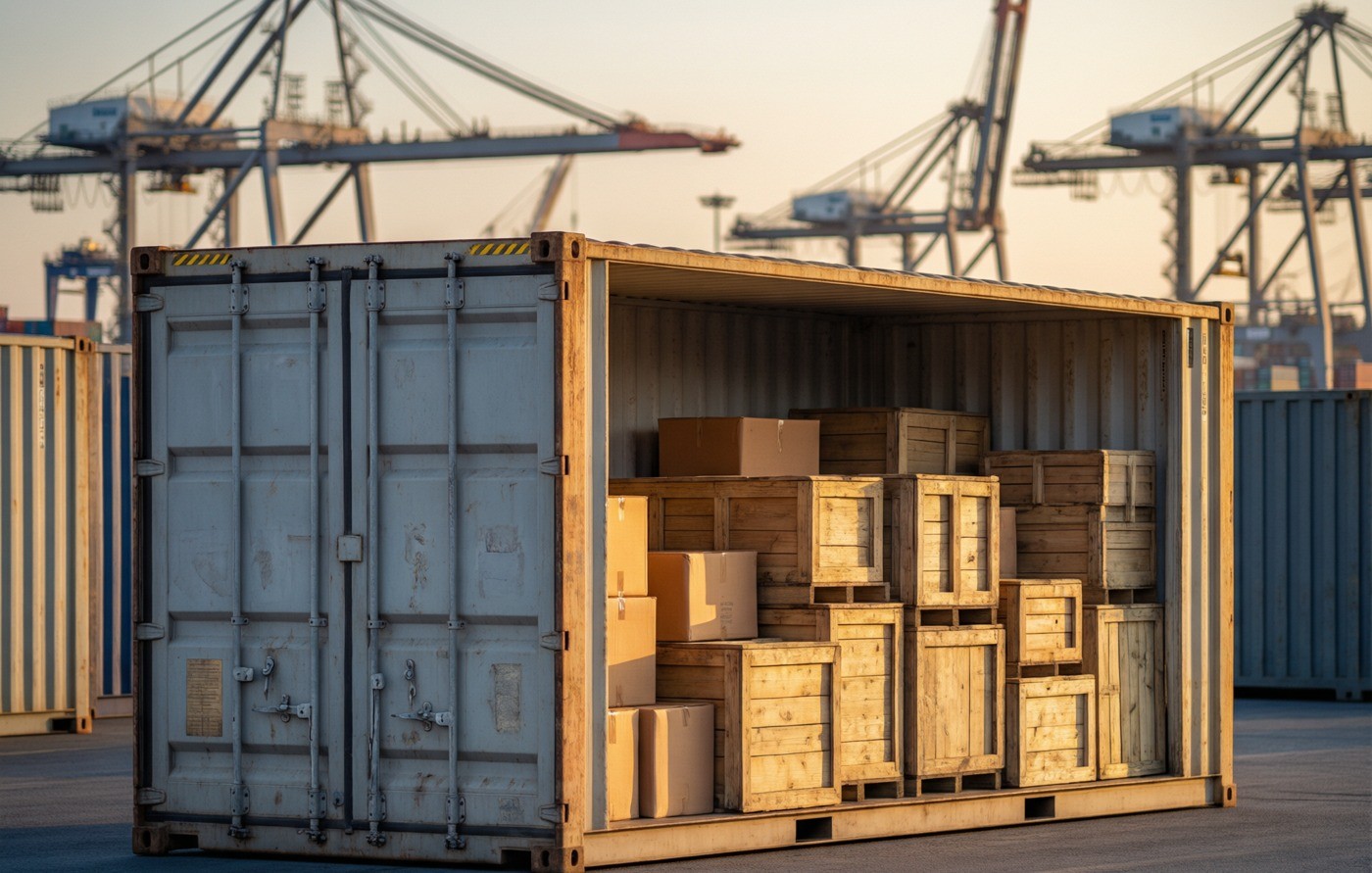 A twenty-foot container loaded to roughly two-thirds height at the end of a working day.