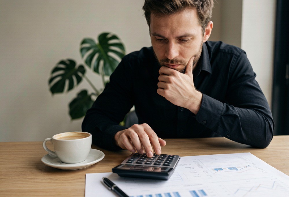 Founder reviewing CAC and LTV figures on a laptop spreadsheet