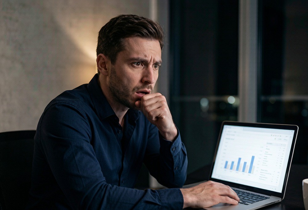 Entrepreneur alarmed by a negative cash-flow projection on screen