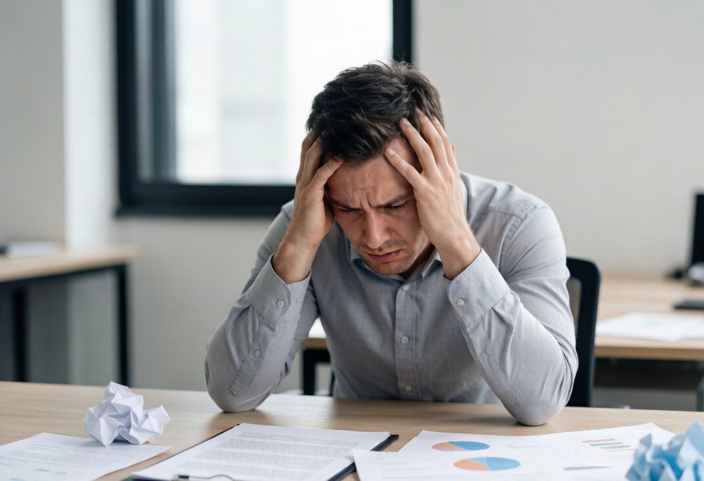 Founder overwhelmed by a long list of store problems on a clipboard