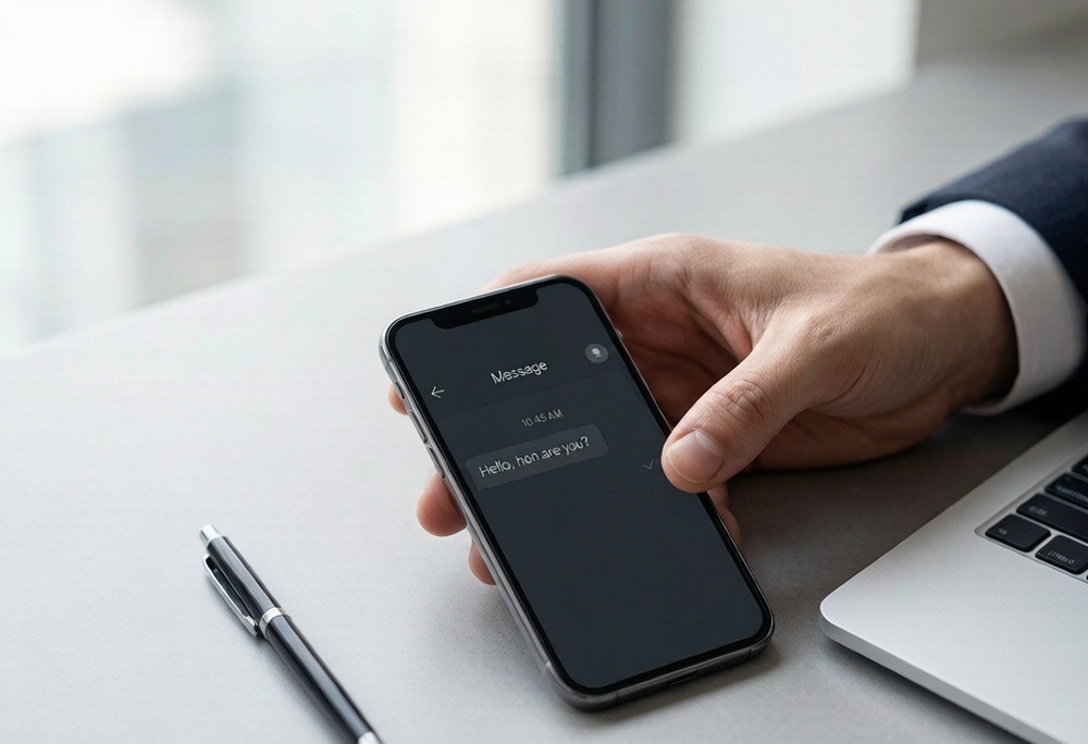 Trader's hand resting on an unanswered phone on a dark teal desk