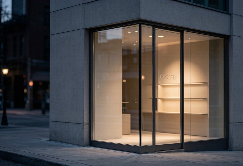 Empty storefront window representing a failed new e-commerce store