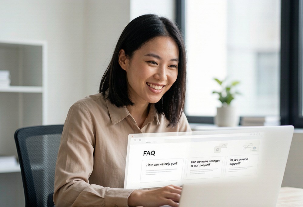 Laptop showing a webpage with structured FAQ and schema markup