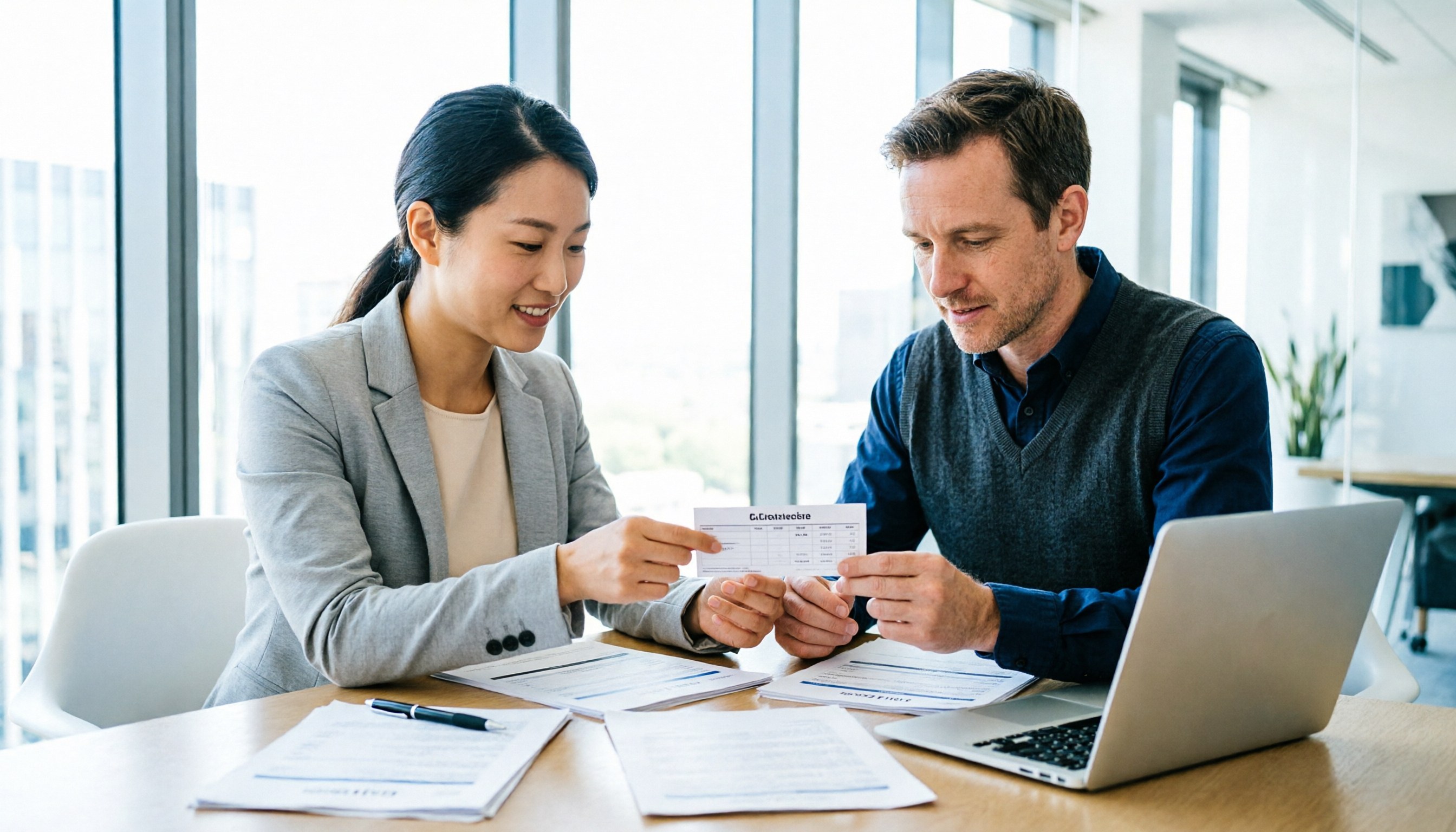 A buyer and agent reviewing a commission rate card across a meeting table
