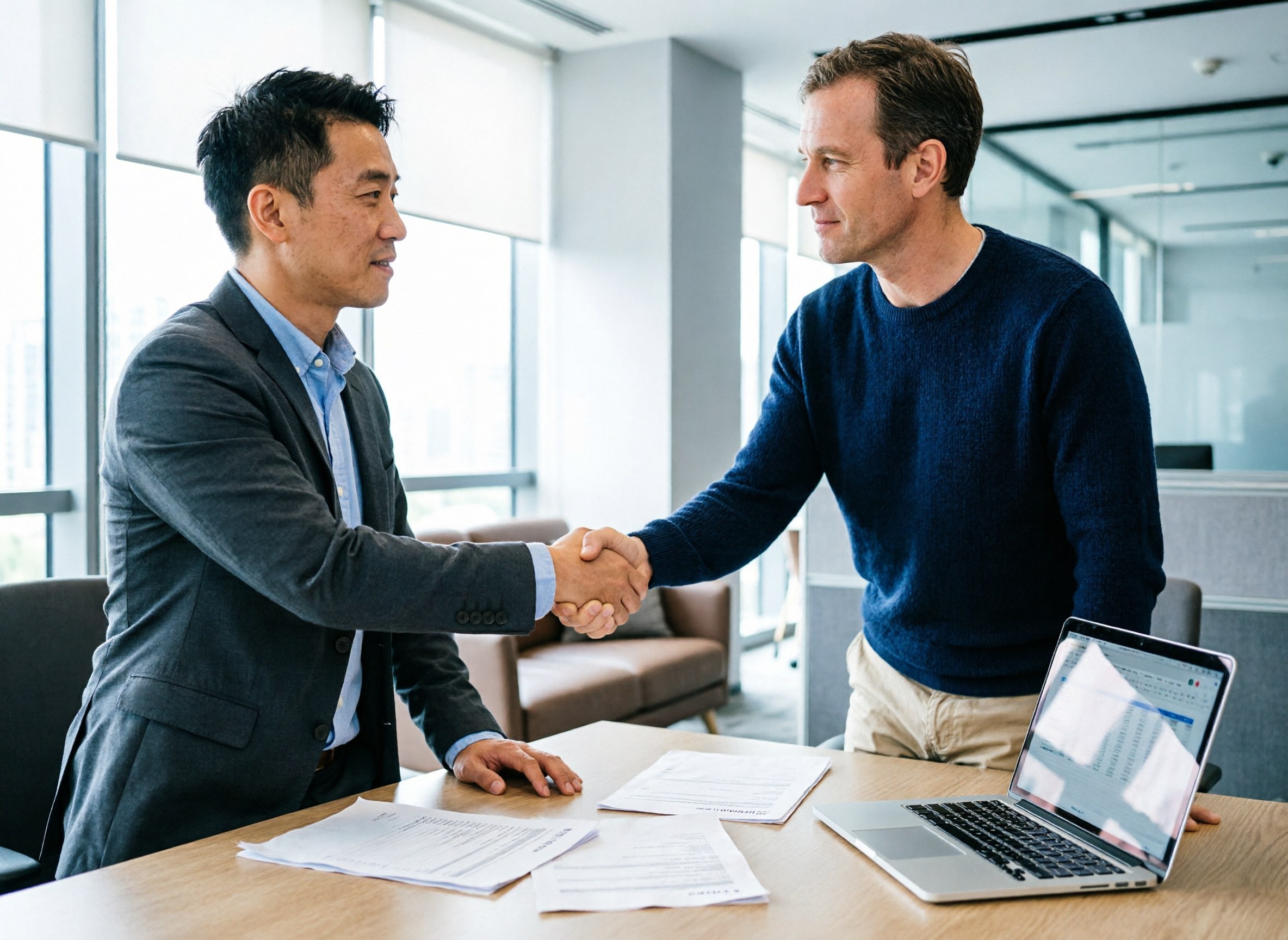 A handshake at a desk after agreeing a service rate