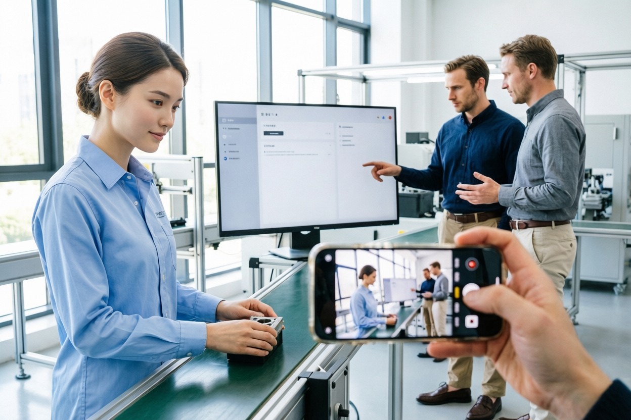 A phone held up recording a live walk along a production line