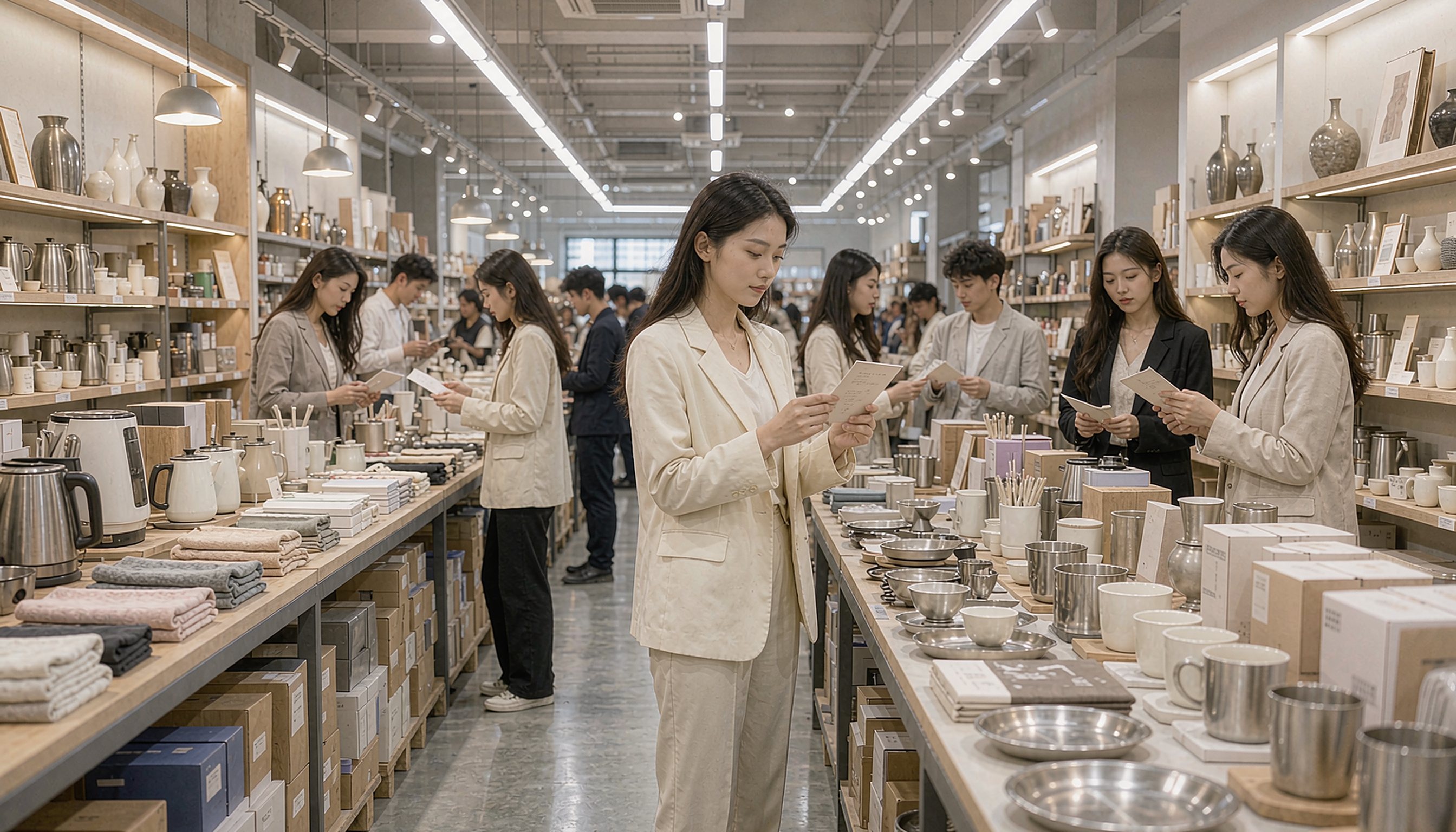 A wide aisle of Yiwu market booths with buyers walking